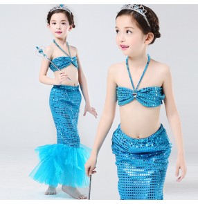Turquoise hot pink fuchsia sequins mermaid girls kids children baby stage performance party school cos play princess jazz singer dance costumes outfits dresses
